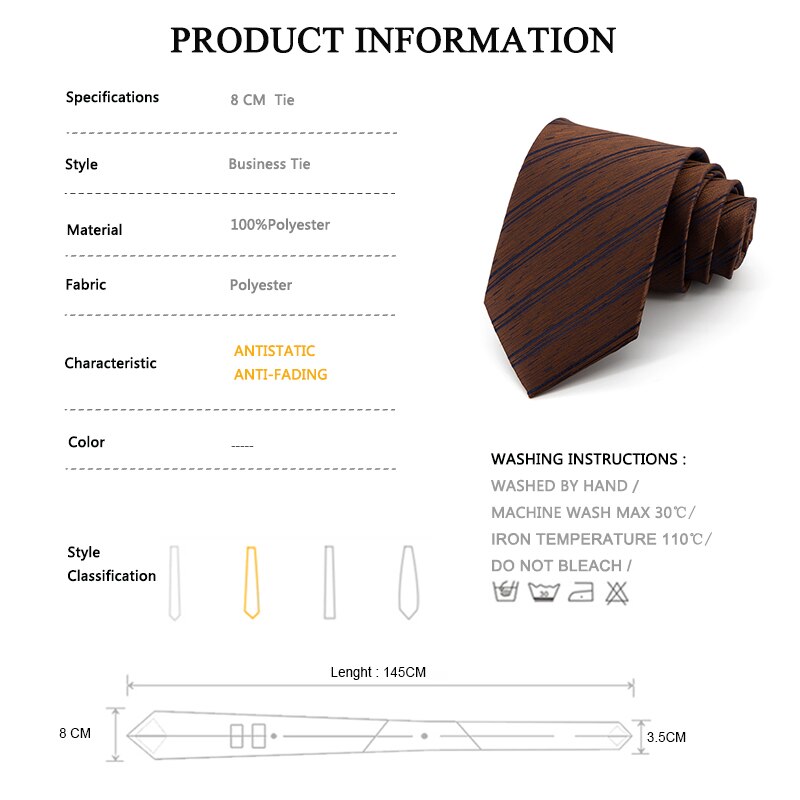 Brown Ties for Men Brand 8CM Wide Striped Tie Formal Business Necktie Men's