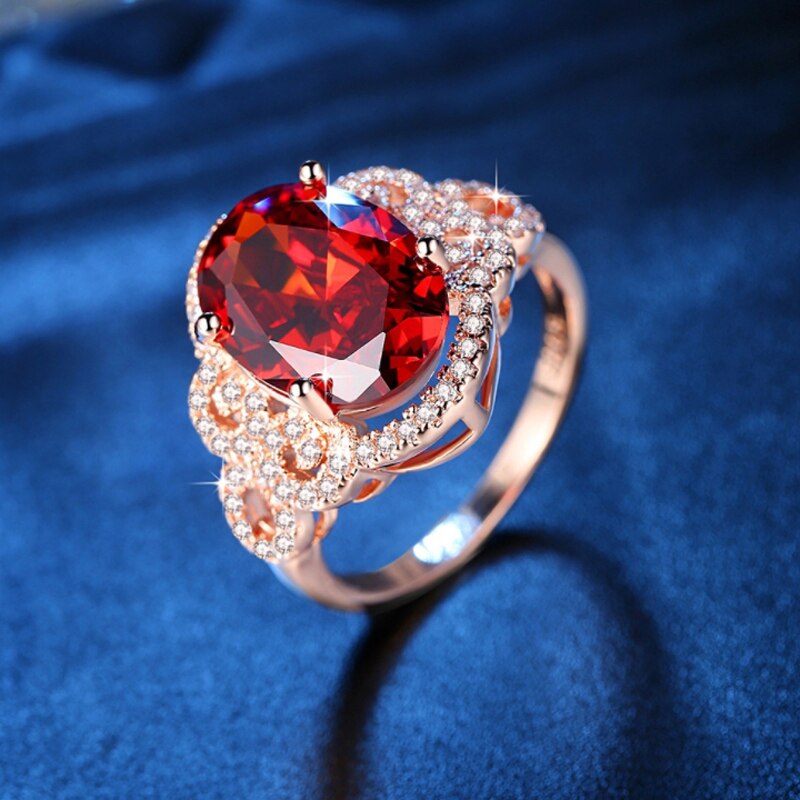 Valentine's Day Womens Rose gold color Big Red CZ Wedding Ring Shiny AAA CZ hollow out Zircon Ring Girls Party Jewelry Anel