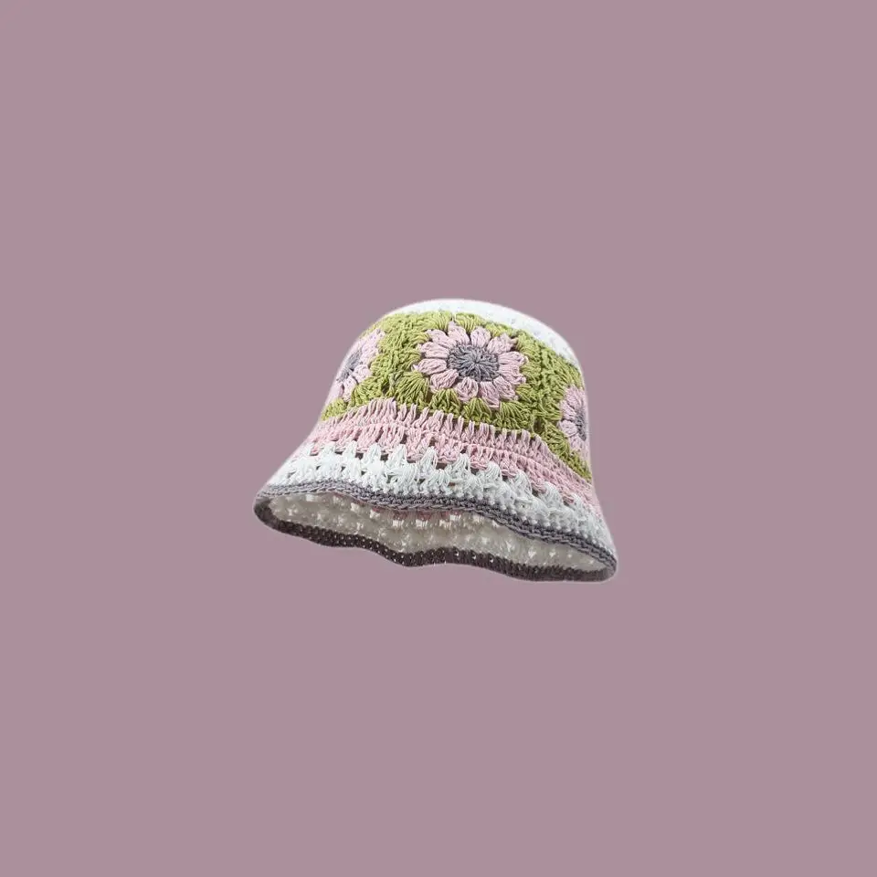 INS Korea Handmade Crochet Bucket Hats for Women Y2k Vintage Summer Beach Hat Flower Hollow Knitted Bob Sombreros Bonnet Caps: green