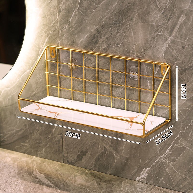 Gold Iron&amp;glass Wall Shelf Organizer Holder Kitchen Supplies Shef Storage Rack Hanging Storage Cabinet Organizer Bathroom Tools: gold white-M