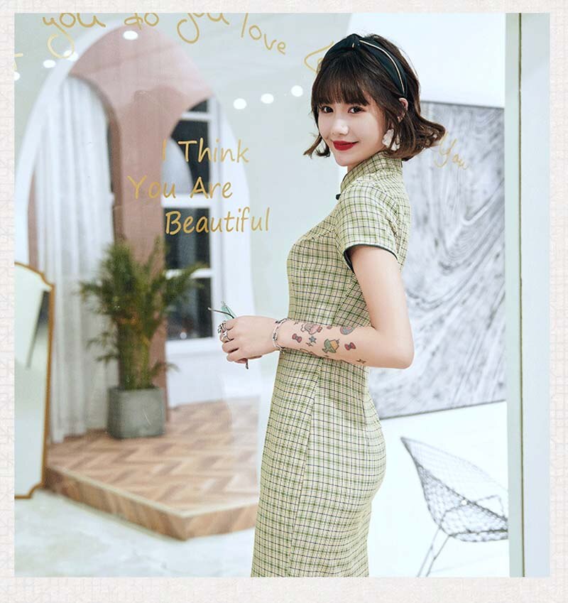 Cheongsam kjole grøn kvinder bomuld slim qipao ternet kjole fest korte kjoler