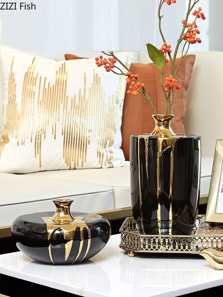 Svart guld keramik vas blommor kruka blomsterarrangemang skrivbord dekoration hantverk glasyr porslin vaser blommig heminredning modern