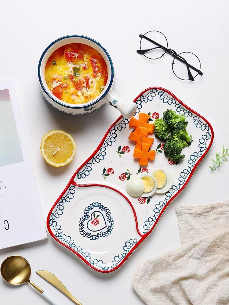 Ceramic dish Japanese breakfast dishes cutlery set one person tableware cute cherry breakfast plate oatmeal bowl