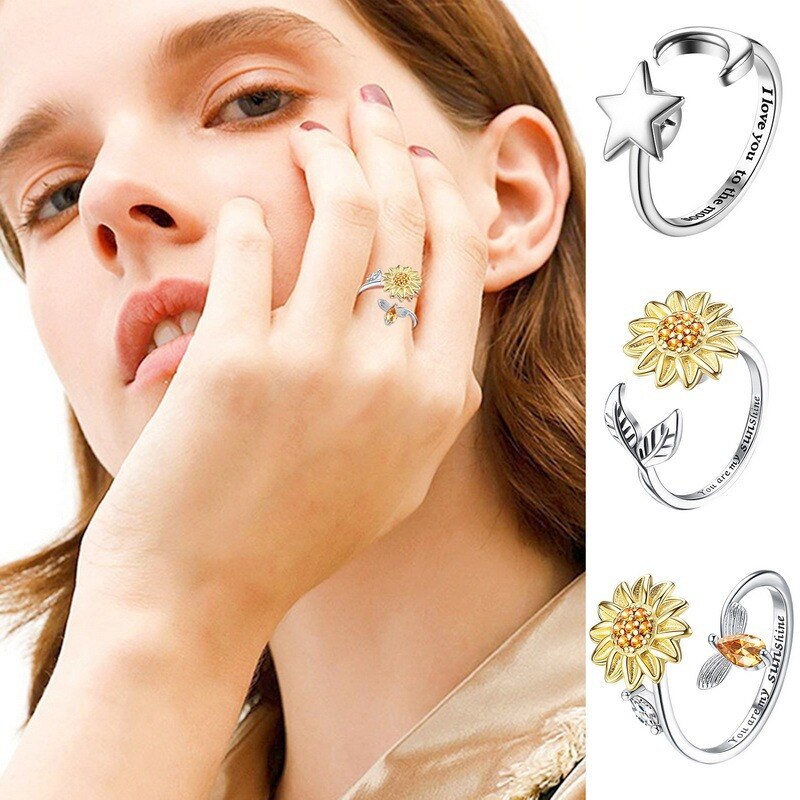 Bague ajustable en Zircon pour femme et adolescent, bijou pour l&#39;anxiété, tournesol, marguerite, de saint-valentin,