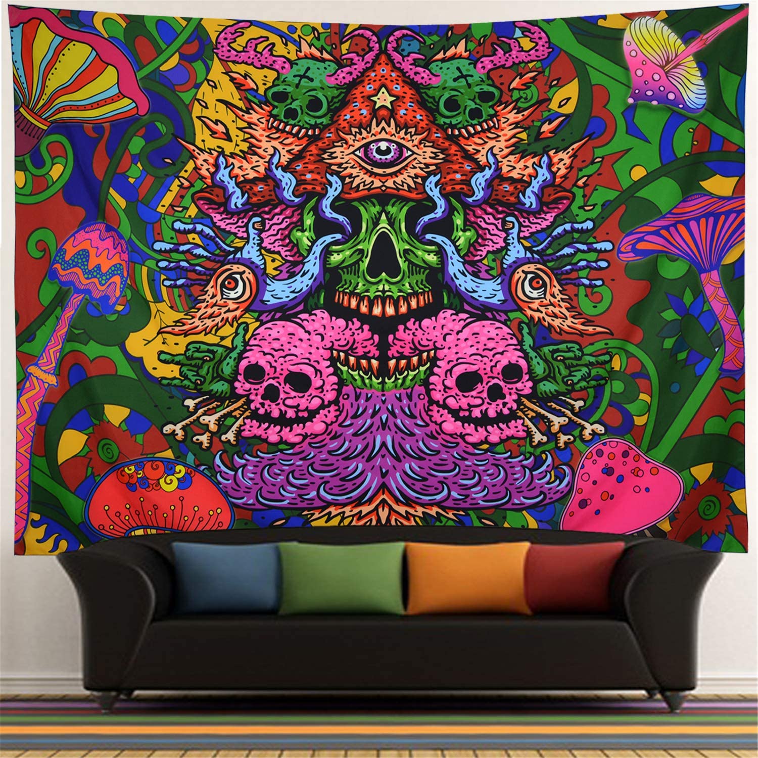 Skull Tapestry Trippy Mushrooms Tapestry Fantasy Fractal Tapestry Bohemian Hippie Tapestry Wall Hanging for Room 3 Size: 150x100cm