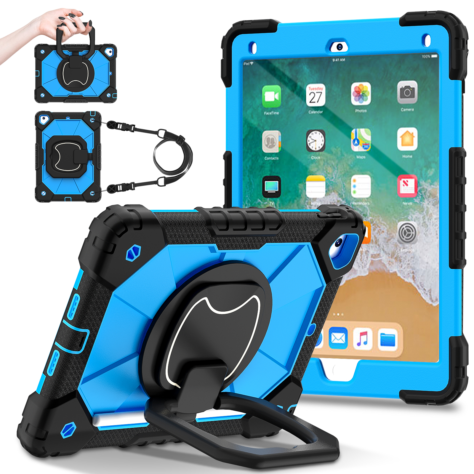 Roterande kraftigt fodral för ipad 5 6 7 air 1 2 pro 9.7 5th 6th gen stativskydd med handtag och axelrem: Tretton / Gul