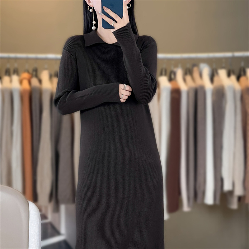 Women's boutique POIO collar long sleeved dress autumn and winter knitted cashmere sweater Women's solid color pullover long: XXL / Chocolate Color