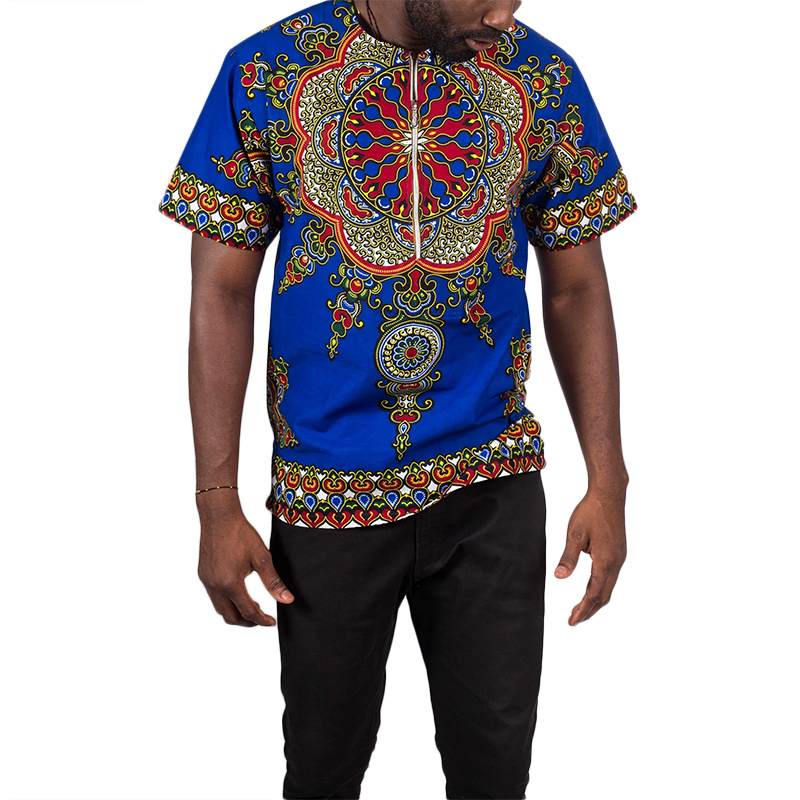 Incerun afrikansk dashiki skjorta herr kortärmad etnisk stil tryckt sommar dragkedja casual toppar traditionella skjortor kläder: Blå / L
