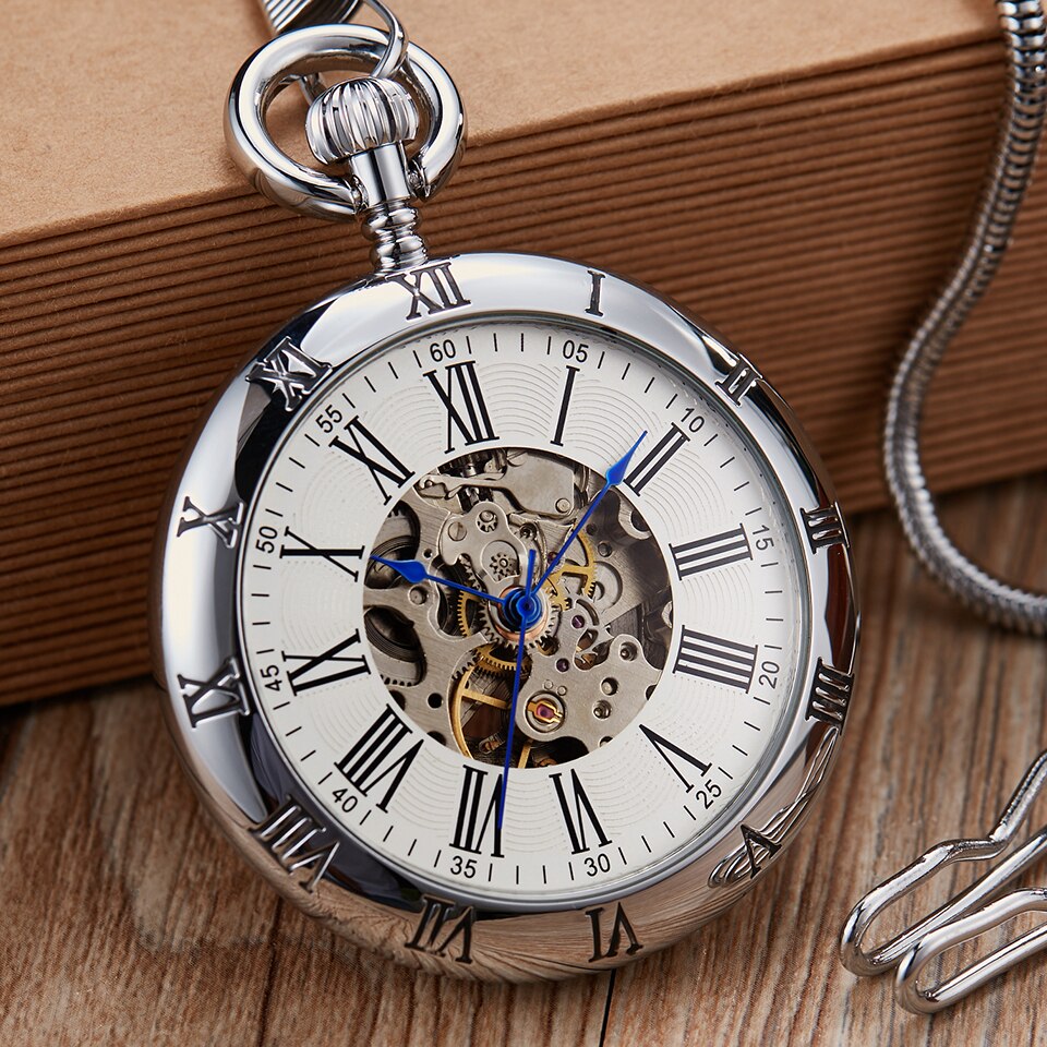 Luksus guld automatisk mekanisk lommeur retro kobber ure romertal cob vedhæng mænd kvinder reloj de bolsillo: Sølv