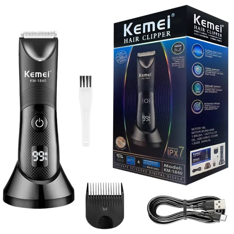 KEMEI Professionele tondeuse voor mannen Waterdichte elektrische tondeuseset Oplaadbare kapperstondeuse met LCD-scherm: Black