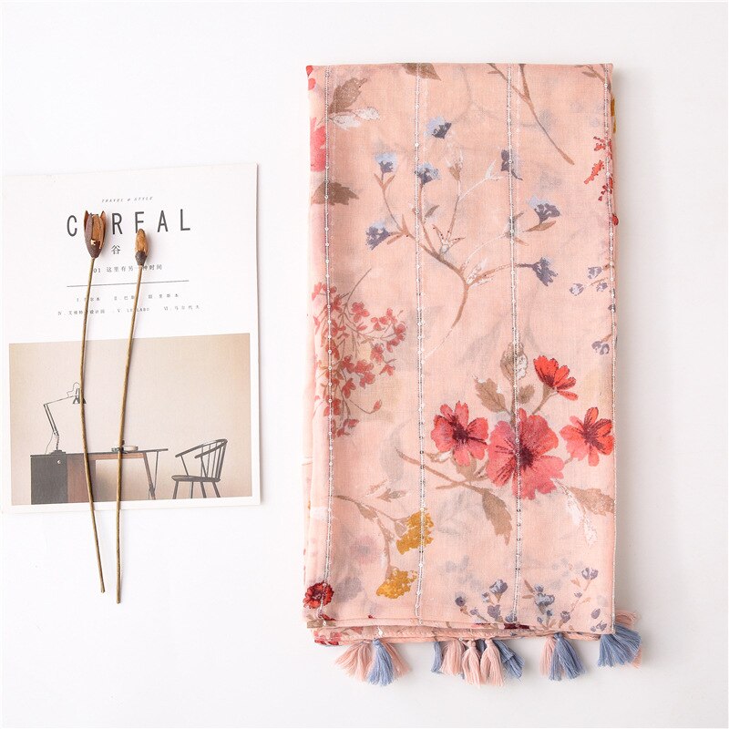 Visose halsduk kvinnor handgjorda paljetter halsdukar sjalar blomma blomma tryckt halsduk tofsar pashmina filt foulard scarfs