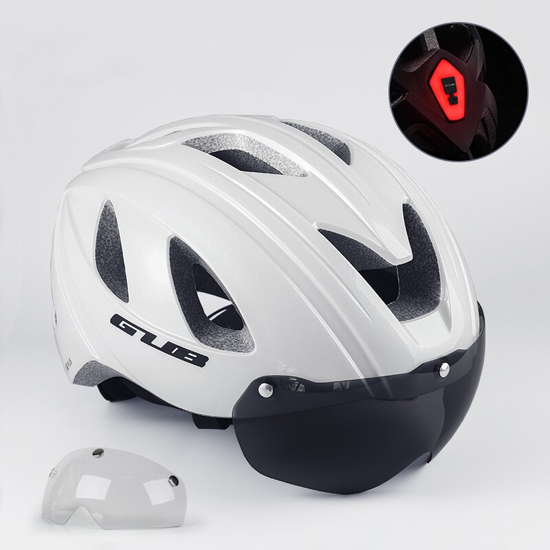 GUB-casco de bicicleta de carretera para hombre y mujer, con luz trasera integrada, gafas de seguridad, equipo de ciclismo: pearl white 1Lens