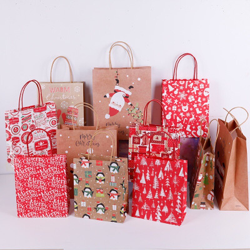 Merry Christmas Bags Kraft Paper Handbag Bag Xmas Tree Snowflake Christmas Candy Box Year Kids Favors Packaging Bag