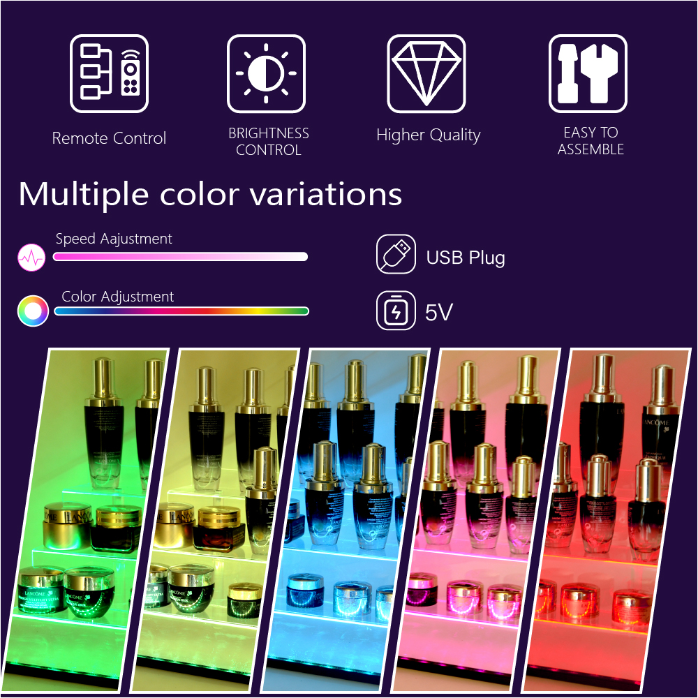 Estante de exhibición acrílico con luces LED, estante de Perfume para esmalte de uñas de 3 niveles y estante de escalera de exhibición, soporte para figuras, aumento de magdalenas transparente