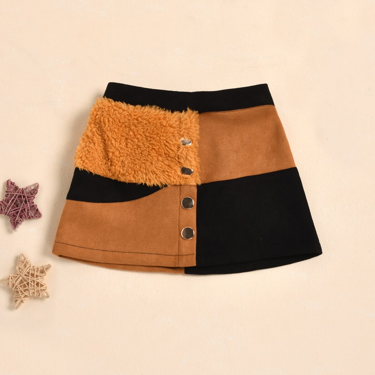 Kid Girls Skirt Autumn Winter Warm Fur Patchwork Mini Skirt With Buttons Children High Waist Skirts For Kid Girl 3-8Years