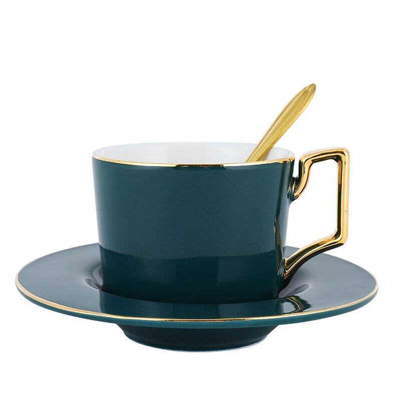 British Style Luxury Moroccan Coffee Cup and Saucer Set with Gold Handle 220ml Ceramic Afternoon Tea Cup Porcelain Drinkware: Blackish Green