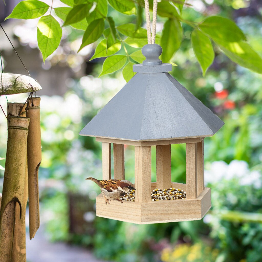 Wooden Bird Feeder Hanging for Garden Yard Decoration Hexagon Shaped With Roof: BU