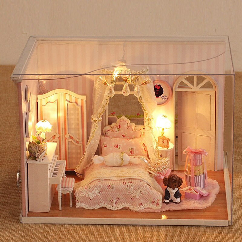 CF02 Miniatura slaapkamer houten Poppenhuis Meubels Poppenhuis Miniatuur Accessoires Puzzel Speelgoed Model Kits roze herinneringen