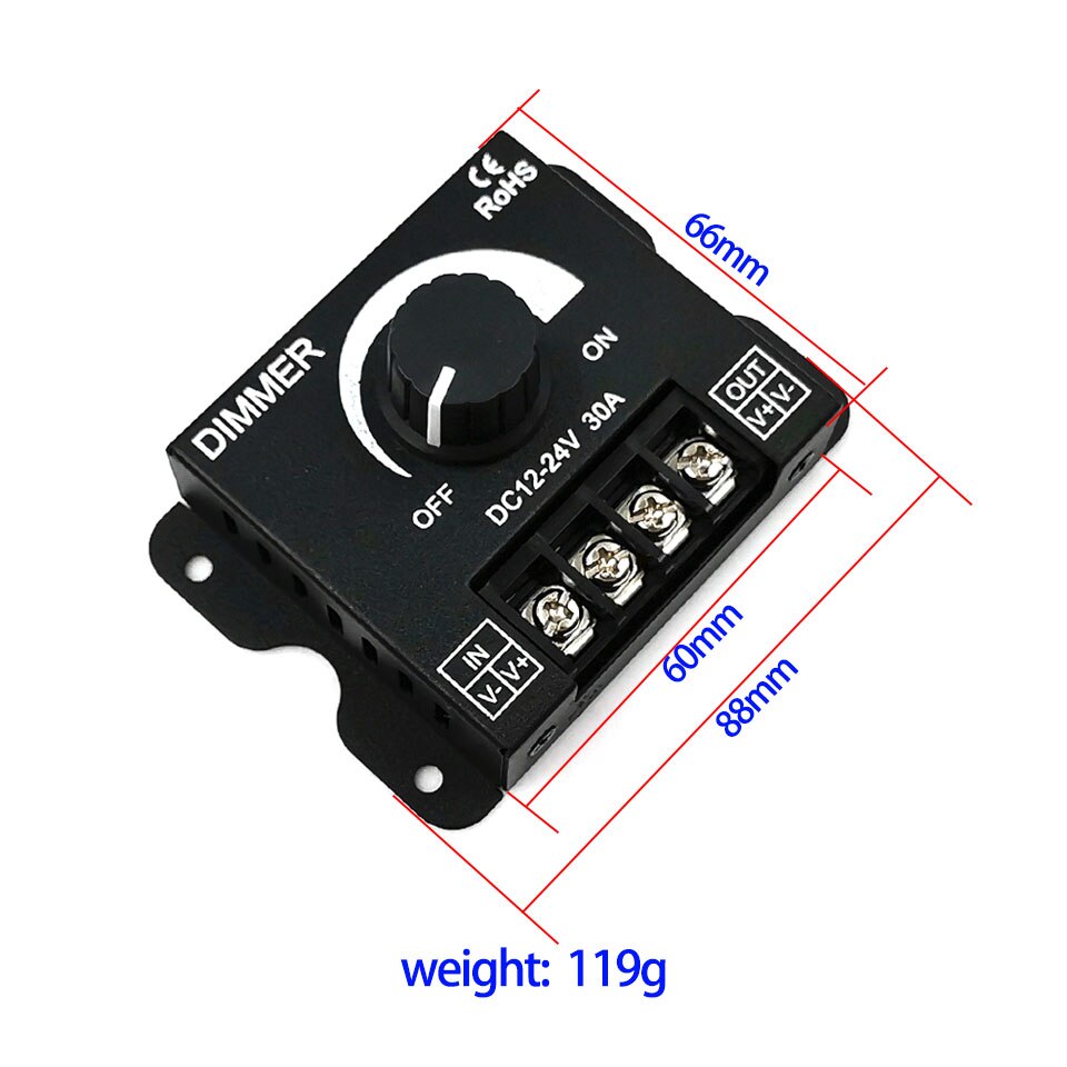 DC12-24V Lighting Dimmer for LED Lights 8A 30A Stepless LED Dimmers 10W 50W 100W 200W 300W Brightness Dimming Switch Controller