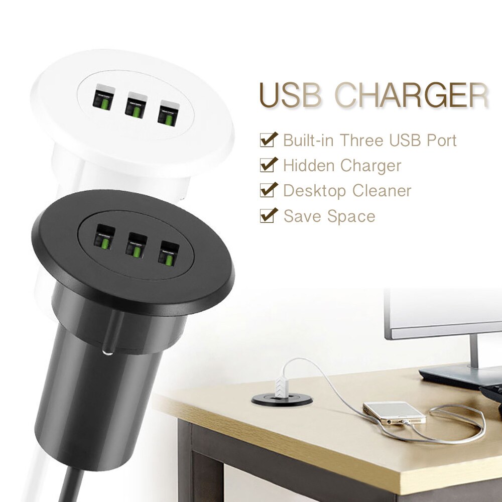 Three-USB Port Hub Grommet Desktop Hole USB Charger Portable Adapter Fast Charging for Samsung for Huawei Sony Built-in Charger