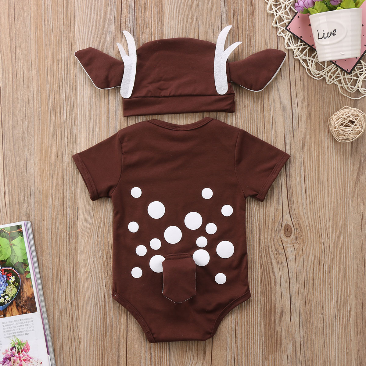 Toddler Baby Boy Girl Deer Short Sleeve Jumpsuit Bodysuit +Hat 2pcs Outfit Clothes Christmas