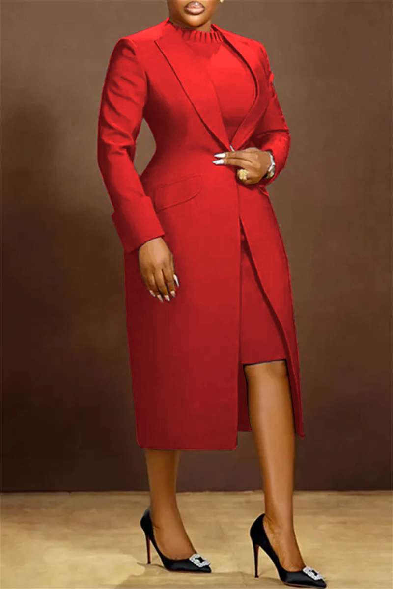 Elegante vintage 2-delige sets damesoutfit herfst winter kantoor dame zakelijk vest met lange mouwen jas en potloodjurksets: L / Rood