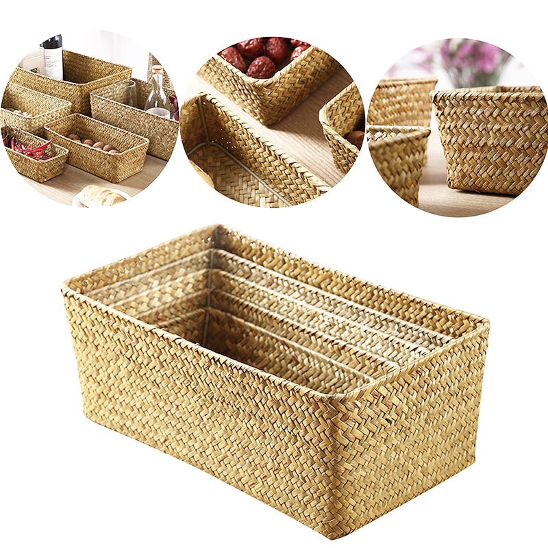 Panier rectangulaire en jonc de mer avec cadre en fer, boîte de rangement de linge en osier tissé, organisateur de vêtements divers, décoration de maison