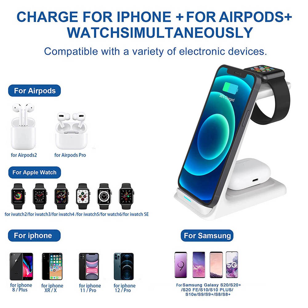 3 in ladestation mit qi-schnellladefunktion für iphone 13, 12, 11 xs, xr ,  x 8 , apple watch 7 , 6 5 4, 1 pro und iwatch