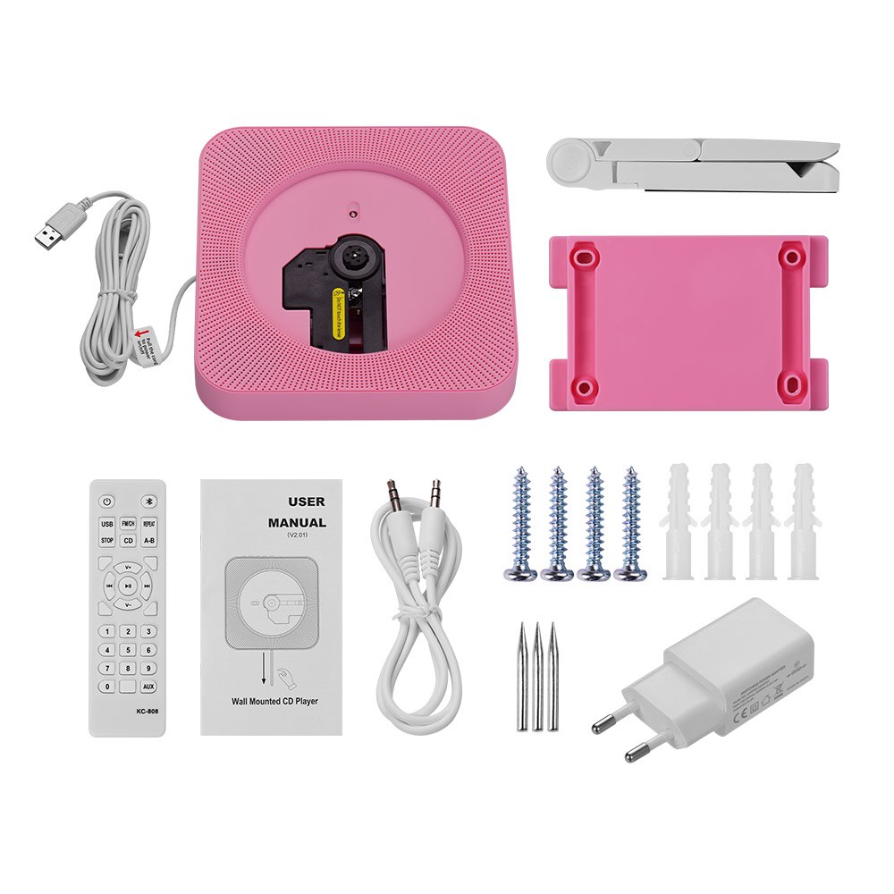 Portable wall-mounted CD player music amplifier audio with remote control support BT / USB / FM mode multiple models plug: Pink  EU Plug