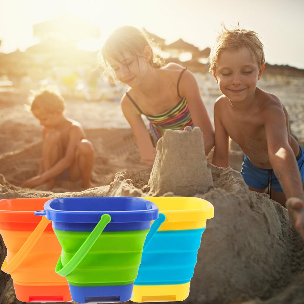 Sand Folding Bucket Summer Beach Toy Kids Water Game Shower Bath Toy Silicone Bucket Hand-held Barrel for Children Play Sand Toy