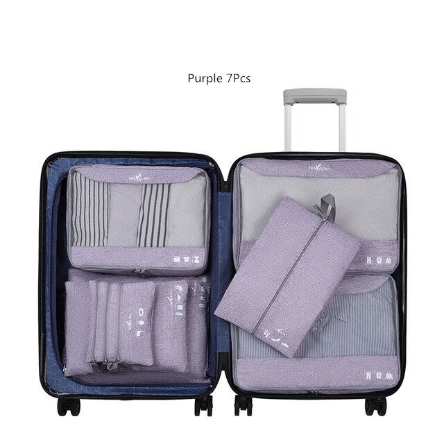 Portable Travel Bags Pouchs Set Storage Bag Suitcase Clothes Cosmetic Organizer Luggage Packing Laundry Accessories Supplies: Purple 7 Pcs