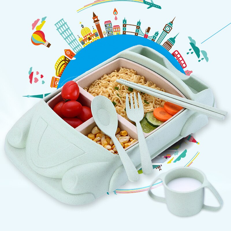 Children's Cartoon Car Baby Tableware Bamboo Fiber Children Feeding Shatter-resistant Grid Plate Set Wy1116