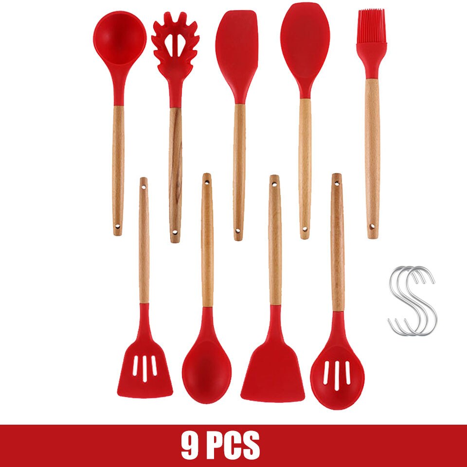 Cooking Tools Silicone Utensils Set Turner Tongs Soup Spoon Brush Non-stick Shovel Oil Spatula Kitchen Tool Set Red: 9PCS