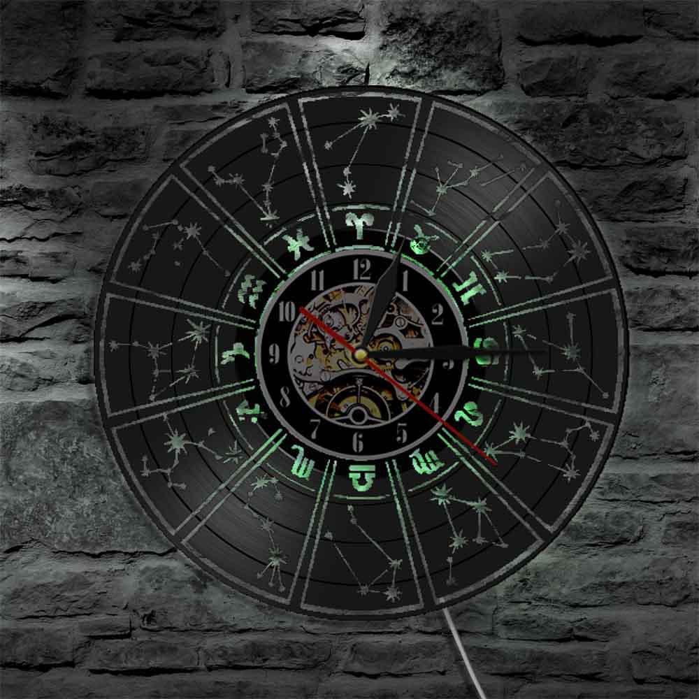 Zodiac Sign Wall Clock Astrology Stars Vinyl Record Wall Clock with Illuminated LED Light Living room Home Decor Zodiac: With LED Light