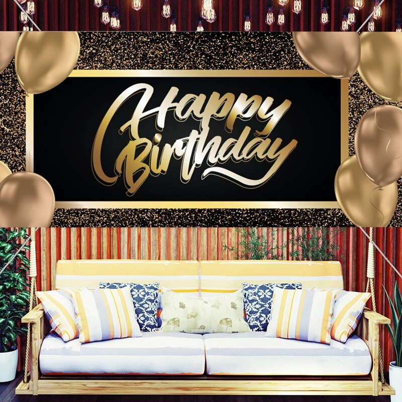 Black Gold Happy Birthday Backdrop Birthday Party Decoration Birthday Background Banner Gold Glitter Hanging Flag Anniversary