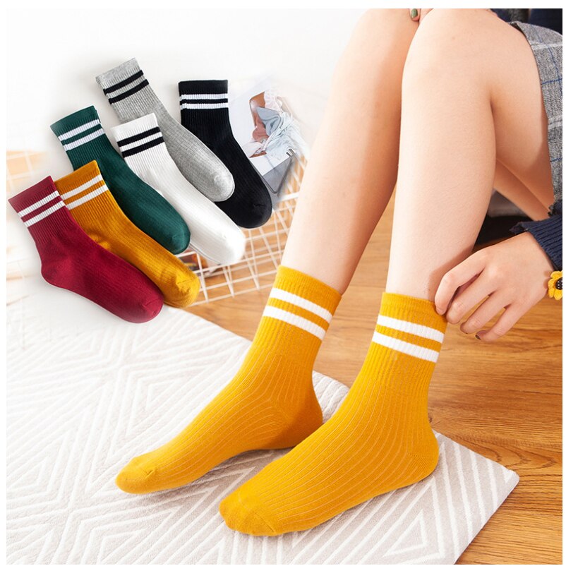 Calcetines a rayas de mezcla de algodón para mujer y niña, medias deportivas informales, suaves, tobilleras de Sport, para primavera y otoño