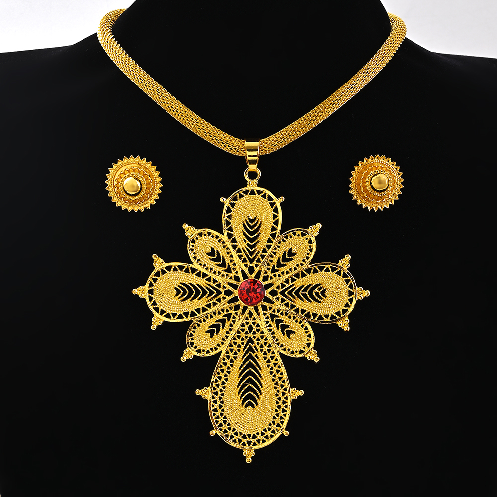 Saoedi-Arabië 24K Goud Kleur Ethiopië Vrouwen Sieraden Ketting Oorbel Afrikaanse Arabische Bruids Set Habesha Eritrea Party: Puur Goud Kleur