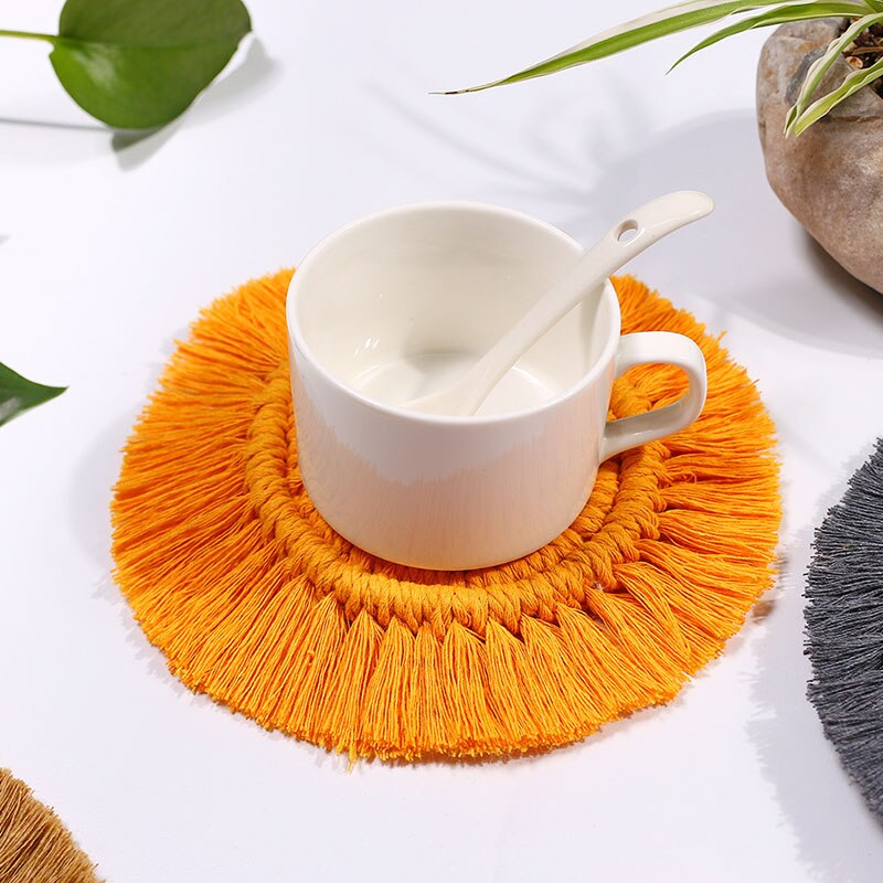 Round Woven Coasters Handmade Macrame Heat-Resistan Cup Mat Tassel Table Decoration for Home TH