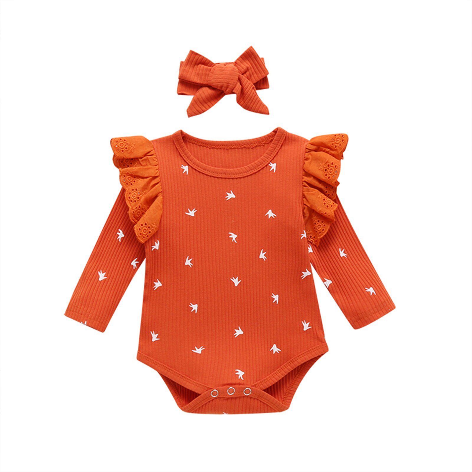 Baby Ribbed Jumpsuits, Infant Round Neck Lace Long Sleeve Bodysuit and Headwear Two-piece Suit for Toddler Boys Girls: Orange / 12M