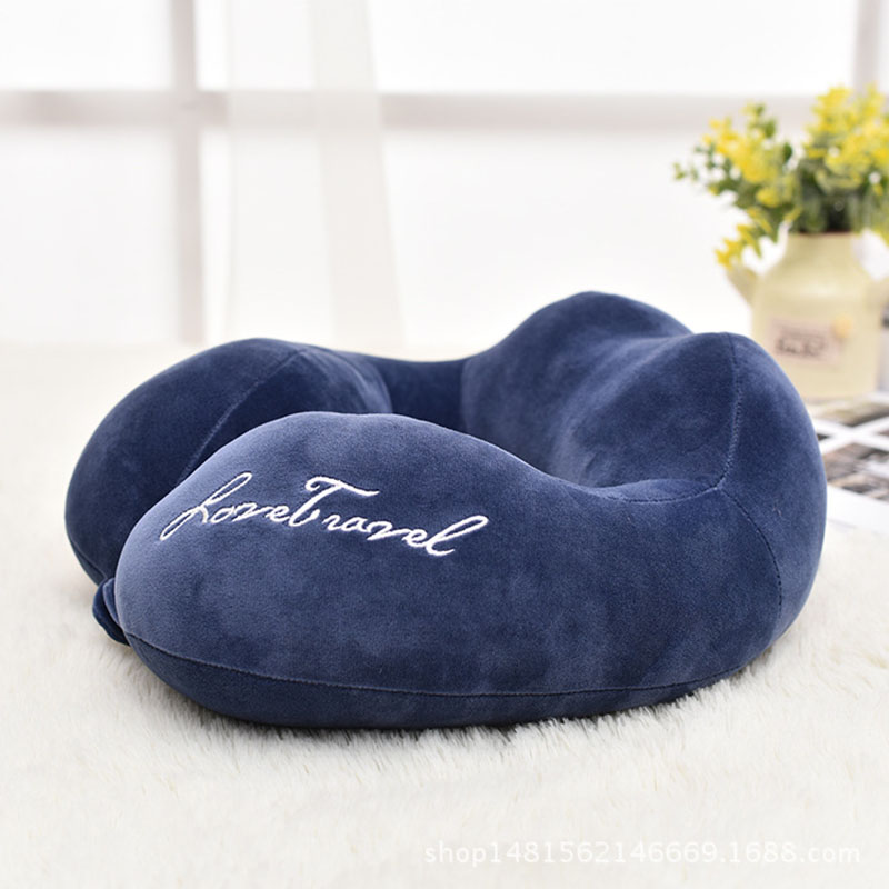 Almohada de viaje portátil para el cuello, espuma viscoelástica de franela para avión, coche, oficina, soporte ergonómico para el cuello en forma de U con hebilla: Azul