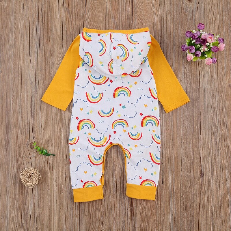 3-24M Cute Newborn Baby Boy Girl Long Sleeve Rainbow Print Hooded Romper Jumpsuit Outfits Baby Clothes