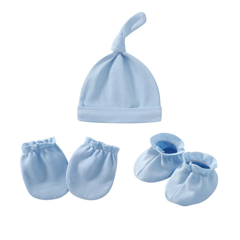 3pcs Set Baby Hats Newborn Gloves Baby Feet Cover Pure Cotton Pure Color Pure Cotton Set: Blu