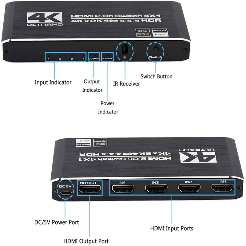 Switch 5 Port HDMI-compati IR Remote Control Switcherble 4 In 1 Out Switcher 4x1 Selector Support 4K@30Hz Ultra HD 3D