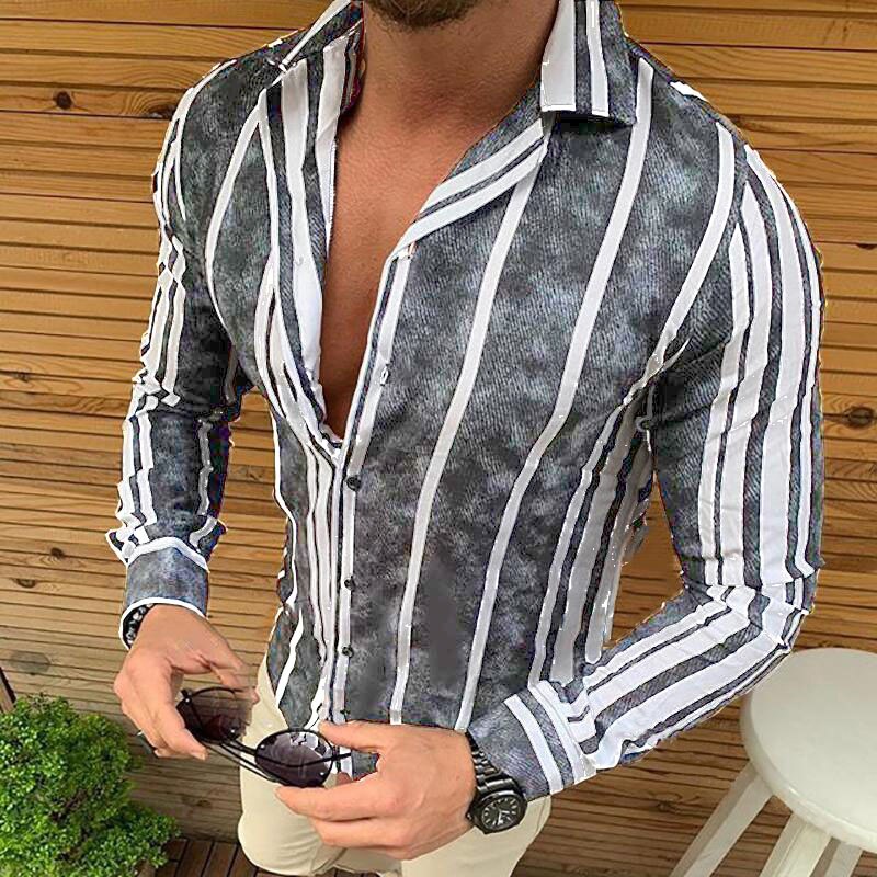 Gestreepte overhemden heren merk lange mouwen casual overhemden voor heren slim fit tops: Grijs / Ik