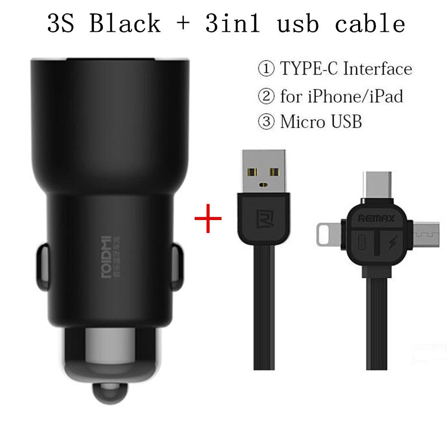 Xiaomi ROIDMI 3S Bluetooth 5V 3.4A cargador de coche reproductor de música FM aplicación inteligente para iOS/Android + Roidmi soporte de Coche magnético: 3S Black add 3in1