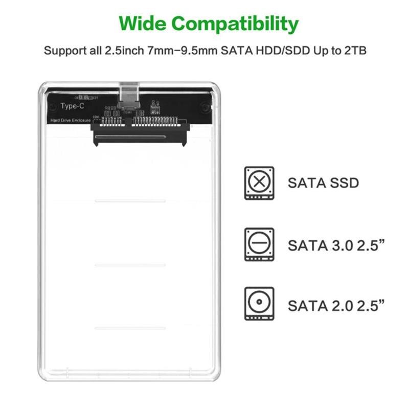 VKTECH Portable 2.5 inch Transparent Hard Disk Case USB 3.1 Gen 2 Type-C to SATA HDD SSD Mobile Enclosure Mobile Hard Disk Box