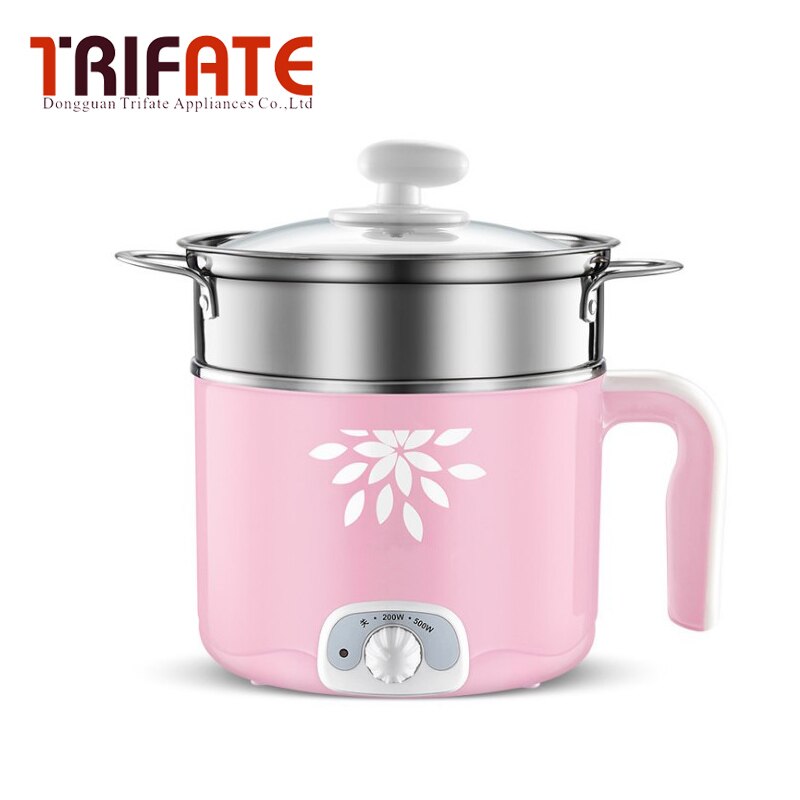 Mini portable 220V 1.5L large capacity Multi-functional electric pot students noodles electric cooker: Pink with steamer