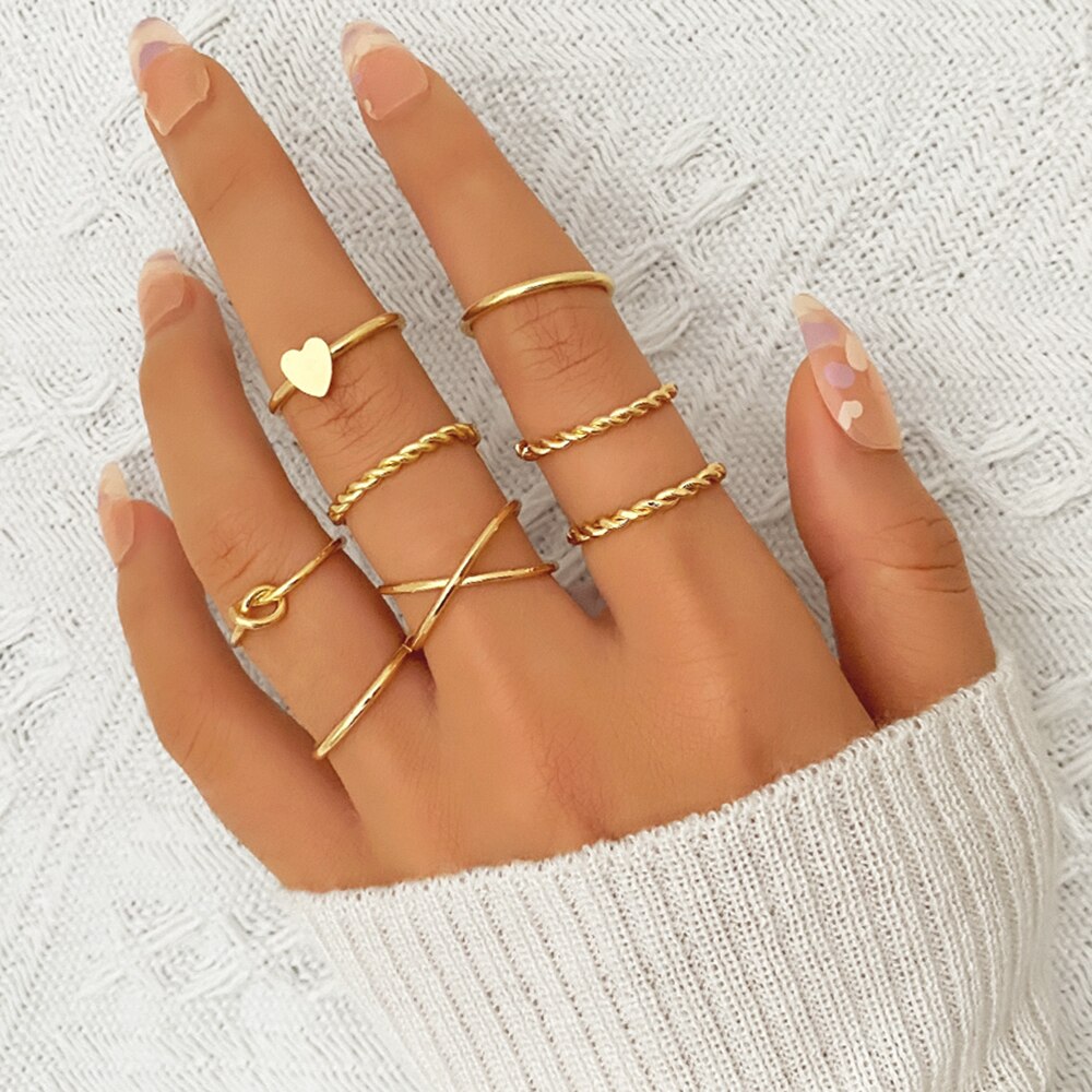 Ifmia 2022 Trend Goud Kleur Ronde Hollow Geometrische Ringen Set Voor Vrouwen Mode Cross Twist Open Ring Joint Ring Vrouwelijke sieraden: IF24213707