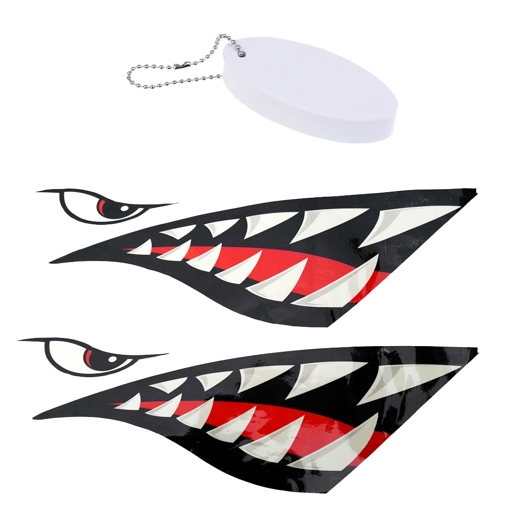 2 pegatinas de vinilo con dientes de tiburón para Kayak Jet Ski + llavero flotante con forma de tabla de surf blanca