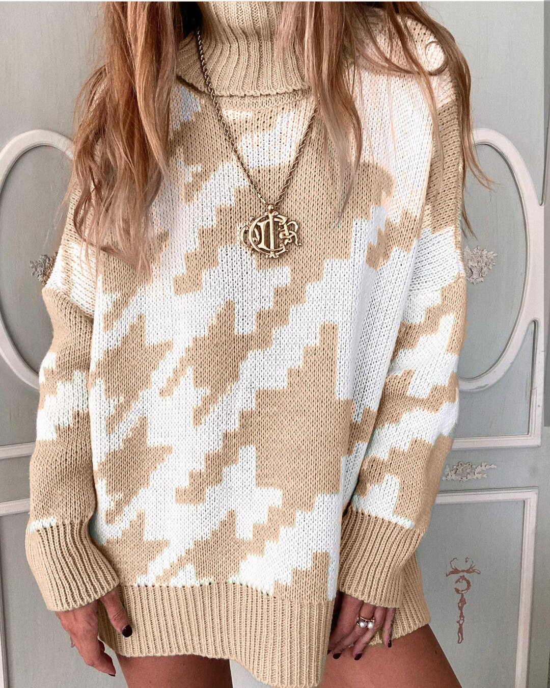 Herfst winter pied-de-poule trui dames trui casual losse lange mouw coltrui vintage koreaanse zwart witte truien tops: Khaki / Ik